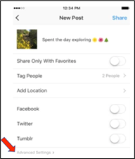 On Instagram's New Post screen, an arrow points to the Advanced settings link found at the bottom of the screen.