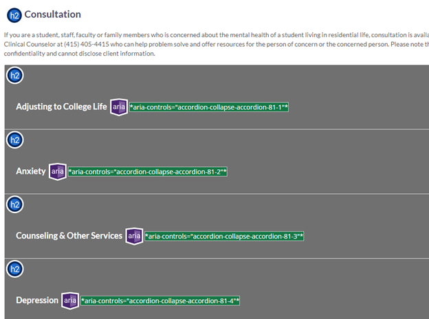 Page using h2 elements for both the section title and accordion tab headings