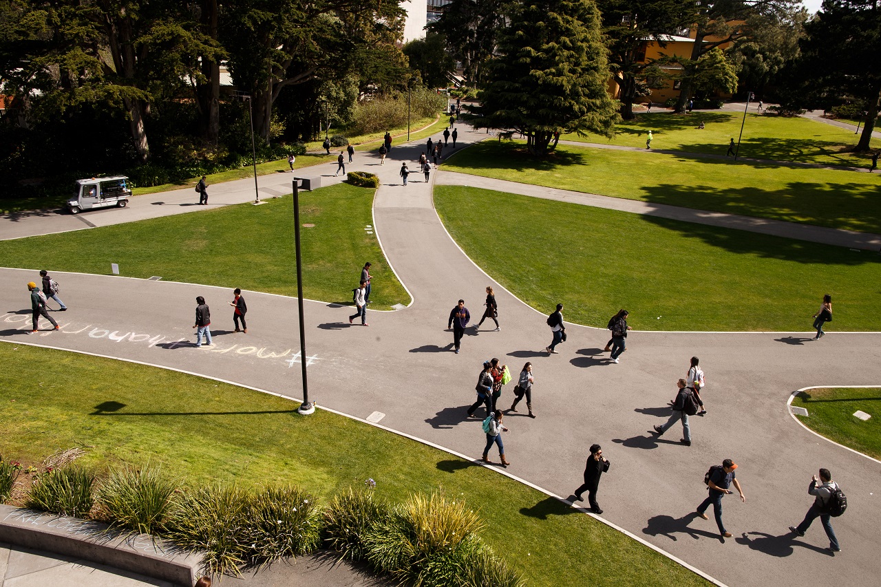 Aerial view of students walking to class on campus