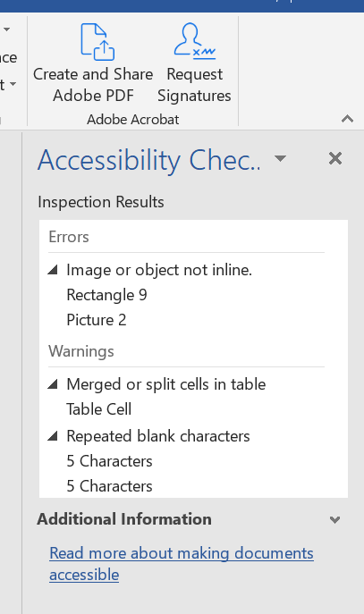 Accessibility checker in word showing errors 