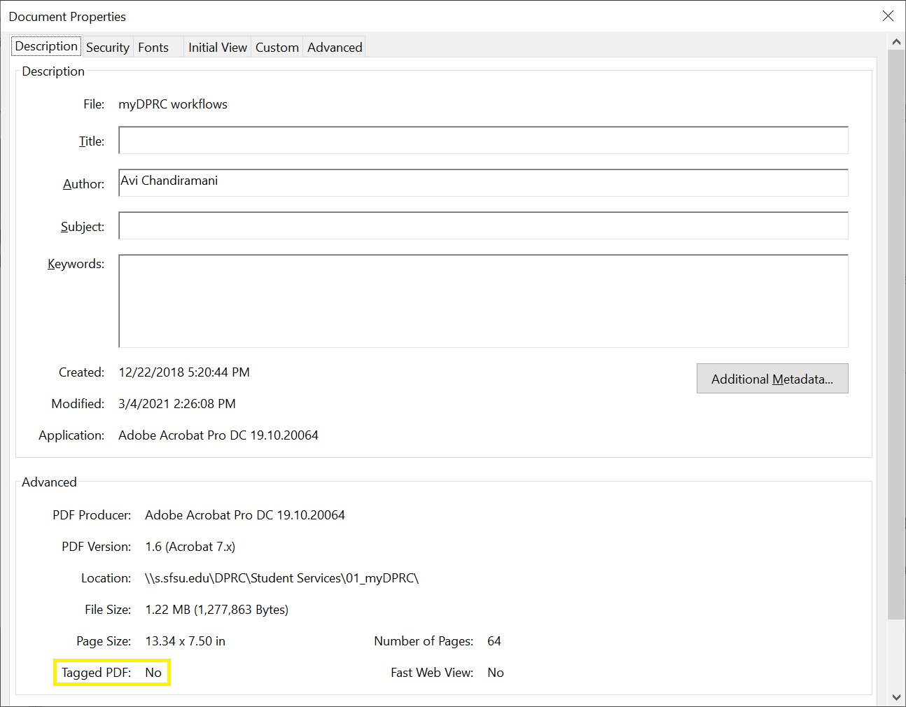 Properties menu in Adobe Acrobat showing the PDF is untagged