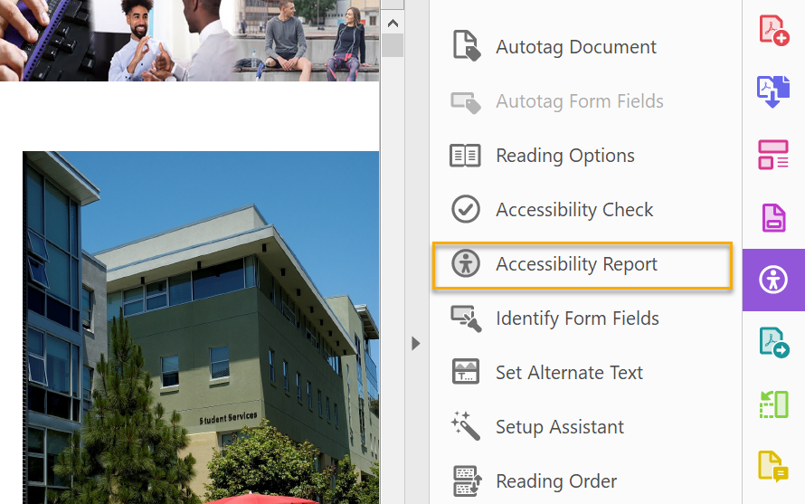 Accessibility Checker in Adobe Acrobat showing the Accessibility report button highlighted