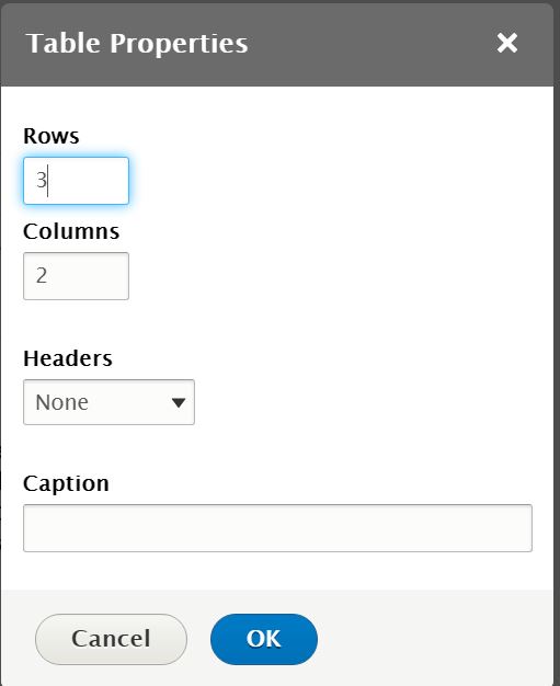 Screenshot of table pop up in Drupal 8. Fields for Headers and Caption are shown.